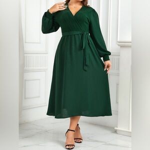 Plus Size Surplice Neck Tie Waist Long Sleeve Midi Dress
